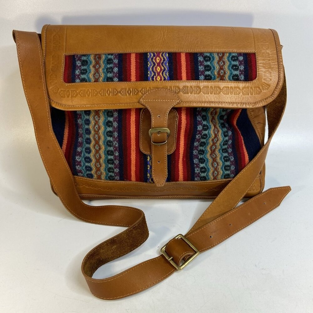 Vtg Saddle Blanket Crossbody Laptop Book Bag Messenger Hand Tooled Leather 14x12